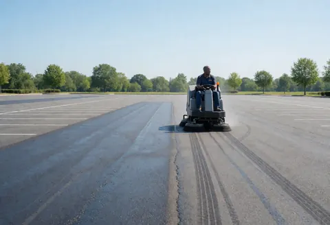 A worker in uniform operates a cleaning machine on a large asphalt parking lot, leaving clean tracks under a clear blue sky.