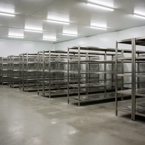 Empty industrial warehouse with stainless steel shelving, polished concrete floor, and bright LED lighting for food storage.