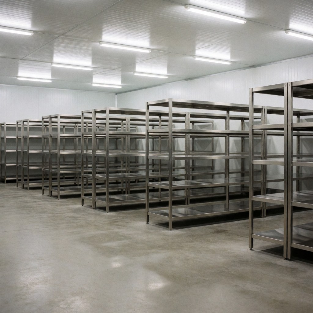 Empty industrial warehouse with stainless steel shelving, polished concrete floor, and bright LED lighting for food storage.