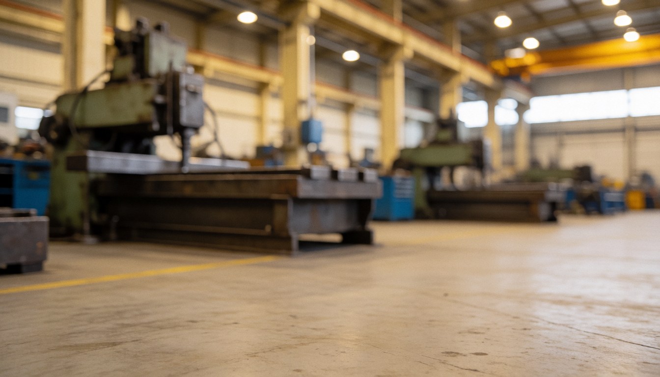 Out of focus industrial workshop featuring metal machinery, concrete pillars, and a concrete floor with warm lighting, suitable for service text overlays.