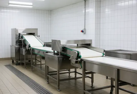 Bright industrial food processing facility featuring stainless steel conveyor belts, white tiled walls, and a drained floor.