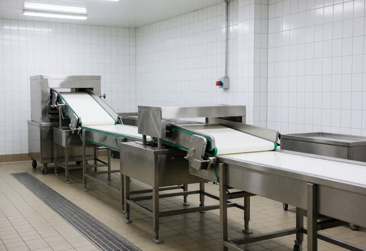 Bright industrial food processing facility featuring stainless steel conveyor belts, white tiled walls, and a drained floor.
