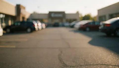 Blurred cars in a commercial parking lot under golden sunset light, serving as a neutral background for business text.