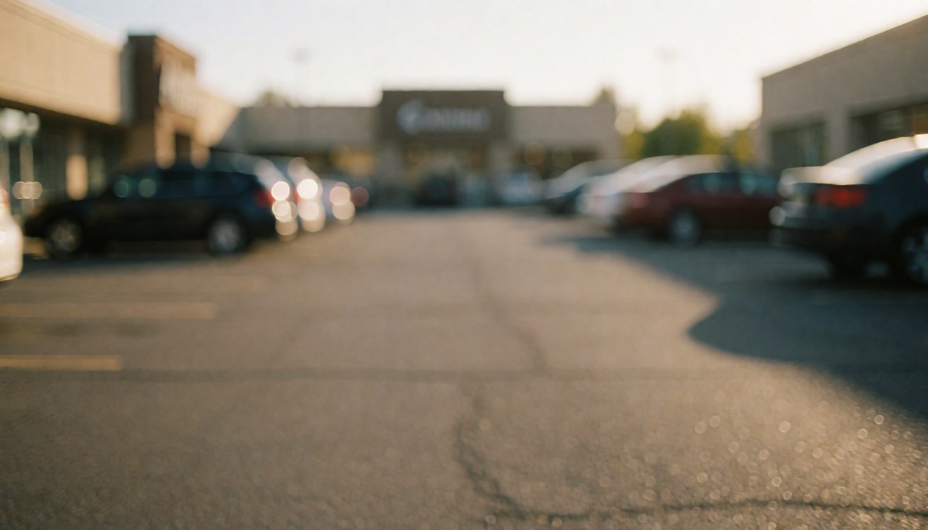 Blurred cars in a commercial parking lot under golden sunset light, serving as a neutral background for business text.