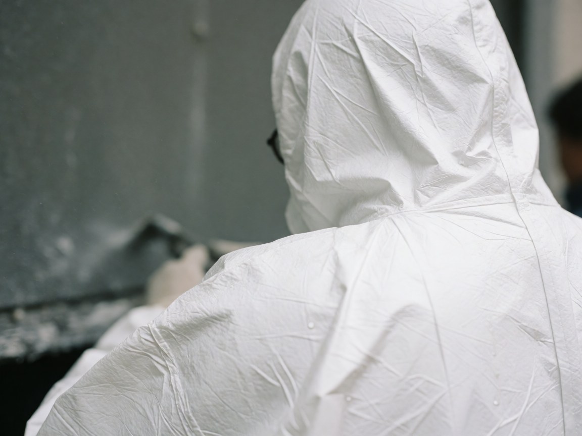 Close-up of a white Tyvek suit shoulder closure featuring visible stitching and water droplets against a blurred industrial background.