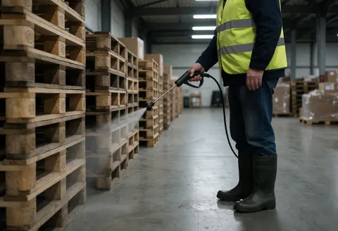 Worker disinfecting wooden pallets with water spray in a warehouse, wearing reflective vest and rubber boots under cold LED lighting