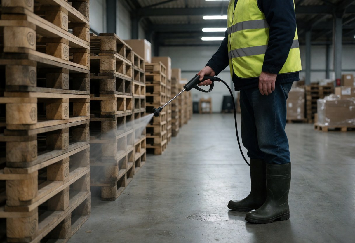 Worker disinfecting wooden pallets with water spray in a warehouse, wearing reflective vest and rubber boots under cold LED lighting