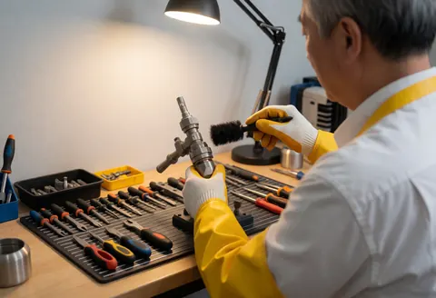 Technician cleaning a pump nozzle with a brush in a tidy workshop with tools on a workbench and gray wall