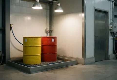 Two large drums, one yellow and one red, on a containment base in an industrial room with metal walls and hanging lights.