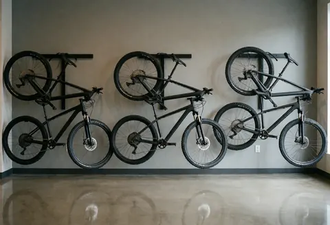 Three black mountain bikes hanging on a gray wall above a polished concrete floor with natural side lighting reflecting the wheels