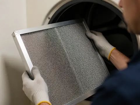 Technician wearing gloves holds a metal dryer filter, showing the mesh and frame inside the dark drum with soft realistic lighting