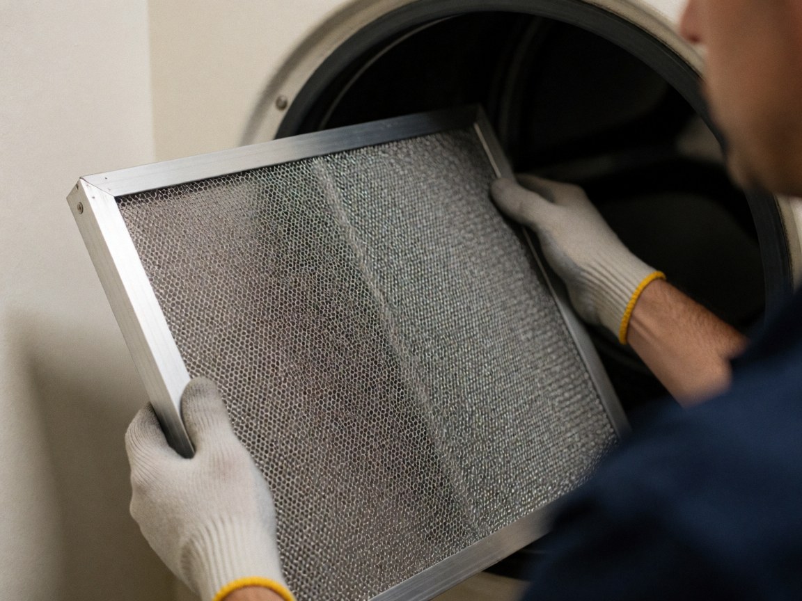 Technician wearing gloves holds a metal dryer filter, showing the mesh and frame inside the dark drum with soft realistic lighting