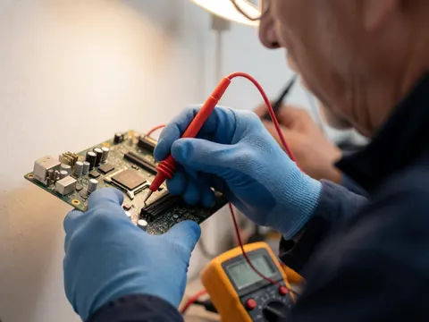 Close-up of technician using multimeter on motherboard with focused lighting and blurred background