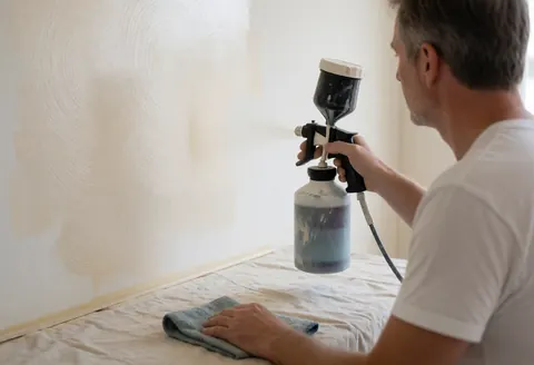 A painter uses a spray gun to apply decorative paint to an interior wall, with tools and a cloth visible on the floor.
