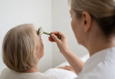 Close-up of hands using a jade roller on a client's forehead during a facial treatment in a spa setting