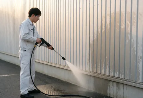 Technician in white uniform and safety glasses pressure washing a corrugated metal industrial wall with water puddles on the asphalt ground.
