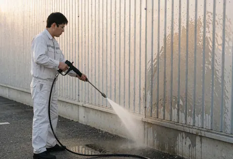 Technician in white uniform and safety glasses pressure washing a corrugated metal industrial wall with water puddles on the asphalt ground.