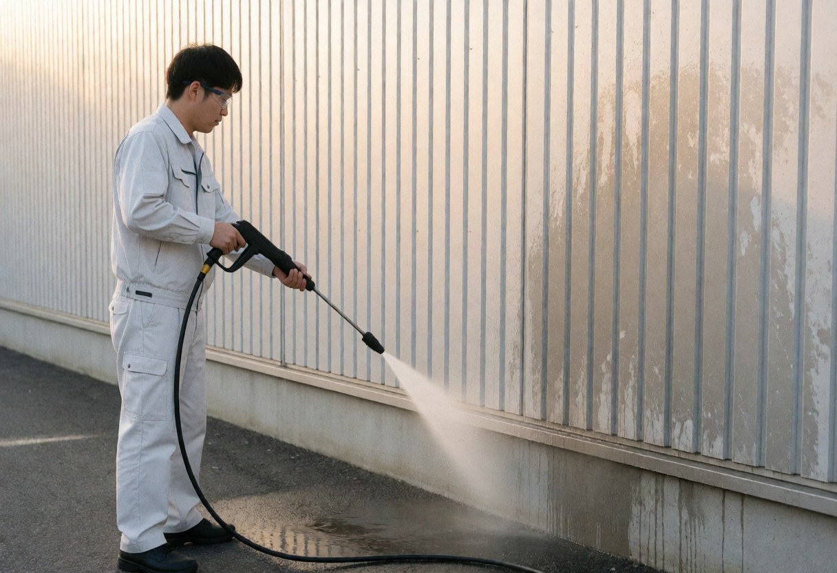 Technician in white uniform and safety glasses pressure washing a corrugated metal industrial wall with water puddles on the asphalt ground.