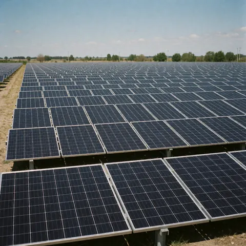 Rows of blue solar panels in an industrial field under a clear sky, representing renewable energy and clean power solutions.