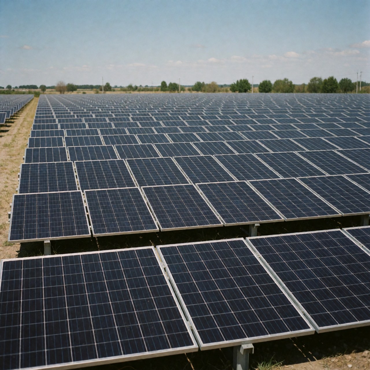 Rows of blue solar panels in an industrial field under a clear sky, representing renewable energy and clean power solutions.