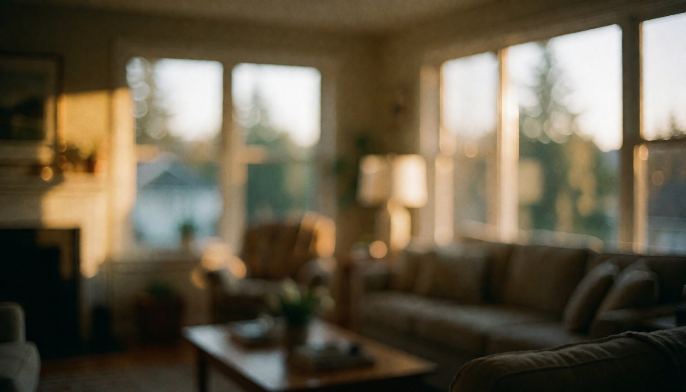 Cozy living room background featuring large windows, a sofa, a coffee table, and warm sunset light, ideal for text overlays.
