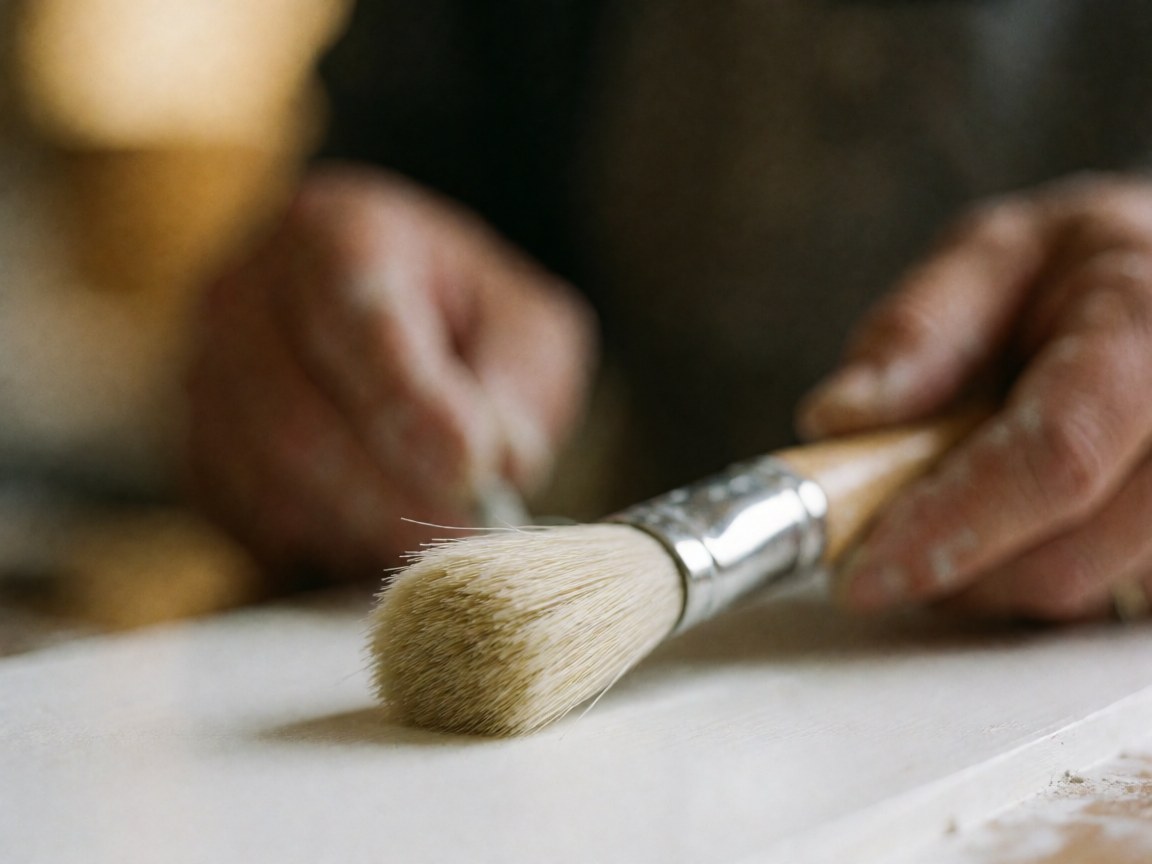 Paintbrush with wooden handle and white bristles on white surface with blurred hands working in background