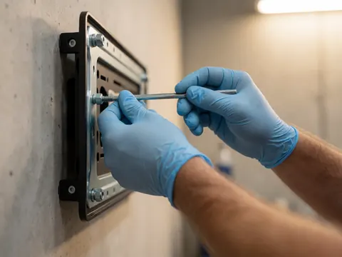 Close-up of gloved hands tightening a screw on a metal vesa mount attached to a concrete wall with warm lighting.