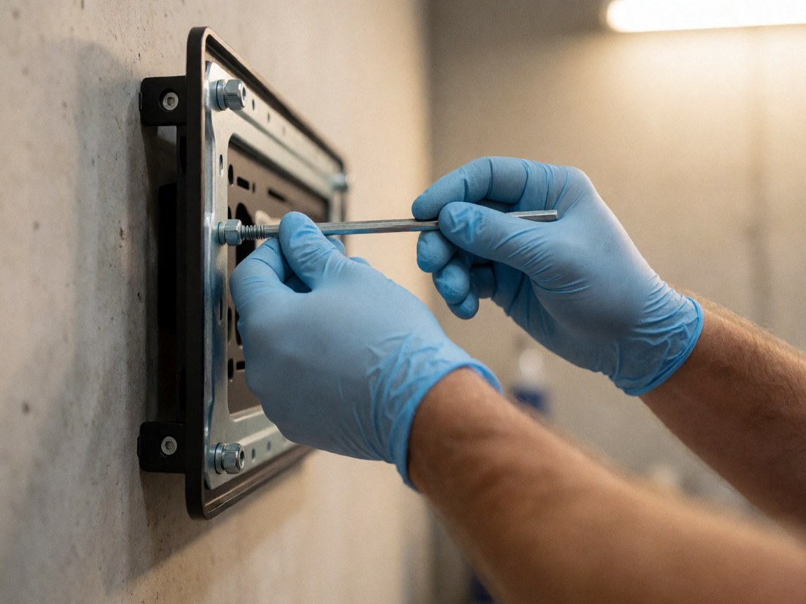 Close-up of gloved hands tightening a screw on a metal vesa mount attached to a concrete wall with warm lighting.