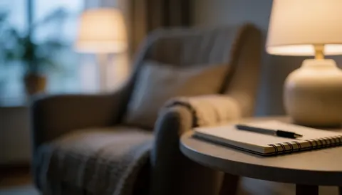 A warm lamp illuminates an open notebook on a wooden table, creating a quiet and focused atmosphere for learning.