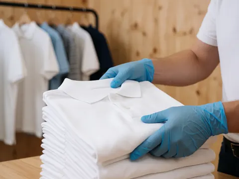 Close-up of hands wearing blue gloves carefully folding white shirts on a table with hangers and a light wooden wall in the background
