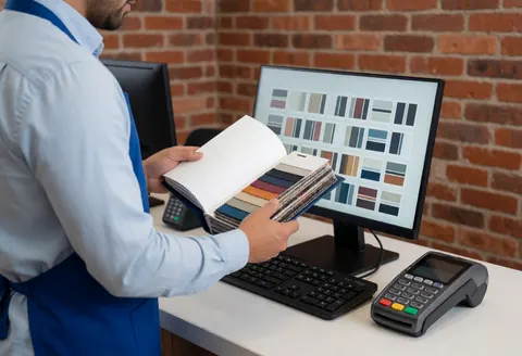 Worker in blue apron checks fabric swatch book near monitor and payment terminal at brick-walled counter