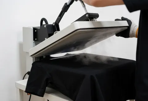 Thermal transfer machine applying a design onto a black t-shirt with visible steam. A person wearing gloves guides the equipment during the textile printing process.