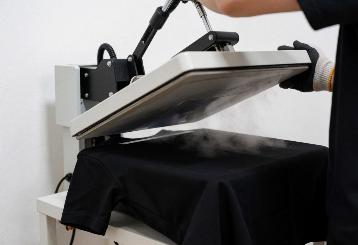 Thermal transfer machine applying a design onto a black t-shirt with visible steam. A person wearing gloves guides the equipment during the textile printing process.