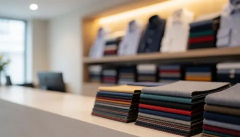 Blurred professional background of a reception area featuring fabric samples and shirts on shelves with warm lighting, suitable for commercial text overlays.