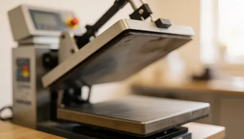 Thermal printing machine in a workshop with a blurred background and warm lighting, ideal for text about thermal transfer services.