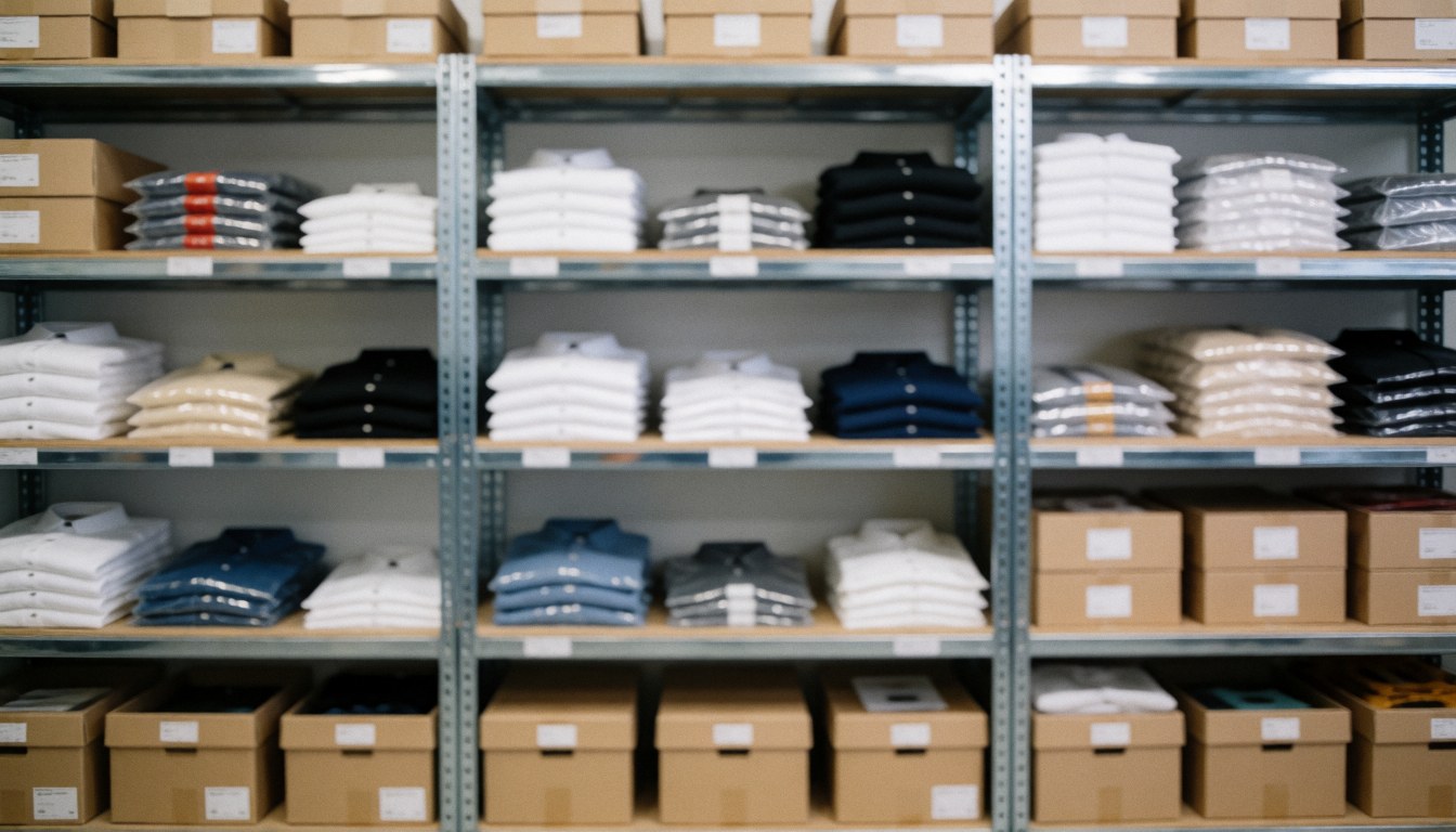 Metal shelves holding white and black shirts, cardboard boxes, and textile printing materials for business use
