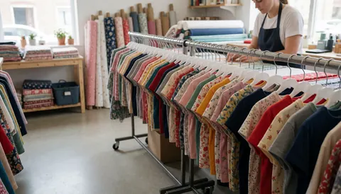 Pet apparel hanging on a rack in a textile shop with fabric rolls and printing tools in the background illuminated by natural light