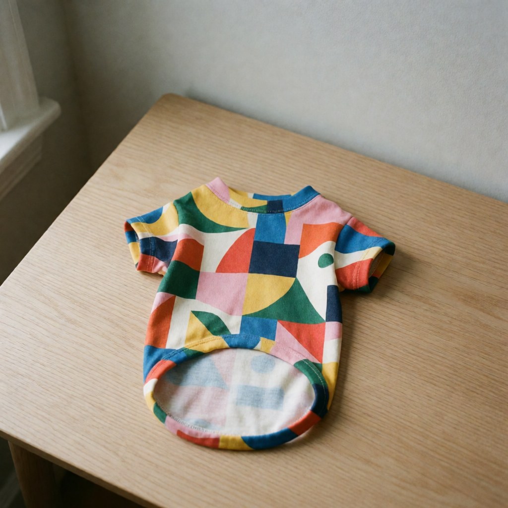 Colorful geometric print dog shirt on light wood surface with soft natural lighting and gray wall background