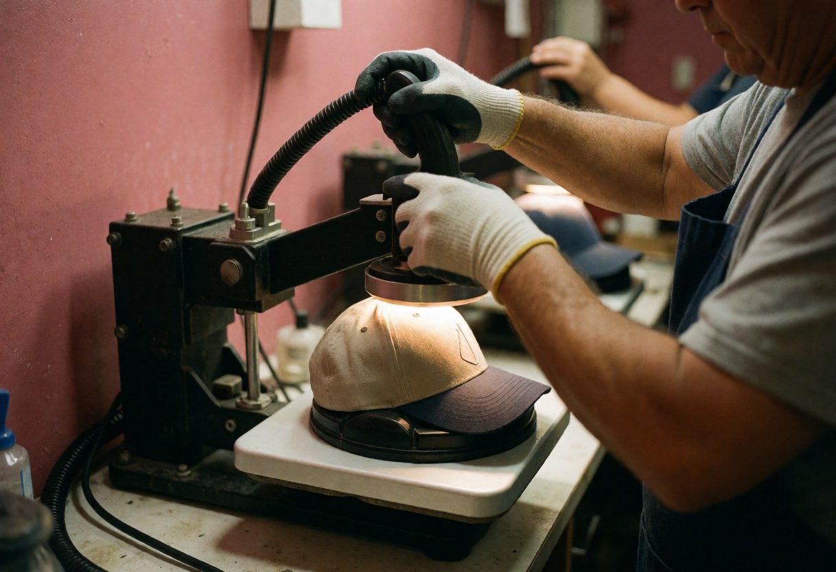 Close-up of a thermal press machine applying a design to a cap, with gloved hands operating the equipment against a pink wall.