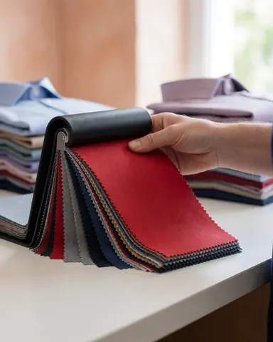 Hand choosing a red fabric swatch from a sample book on a white counter with shirts in the background and natural light.