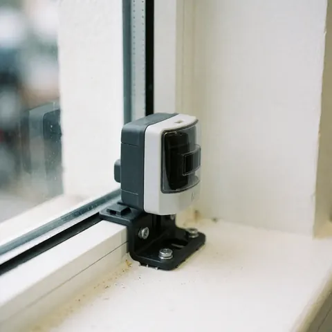 Black mounted glass break alarm sensor with gray casing installed on a window sill against a blurred glass background