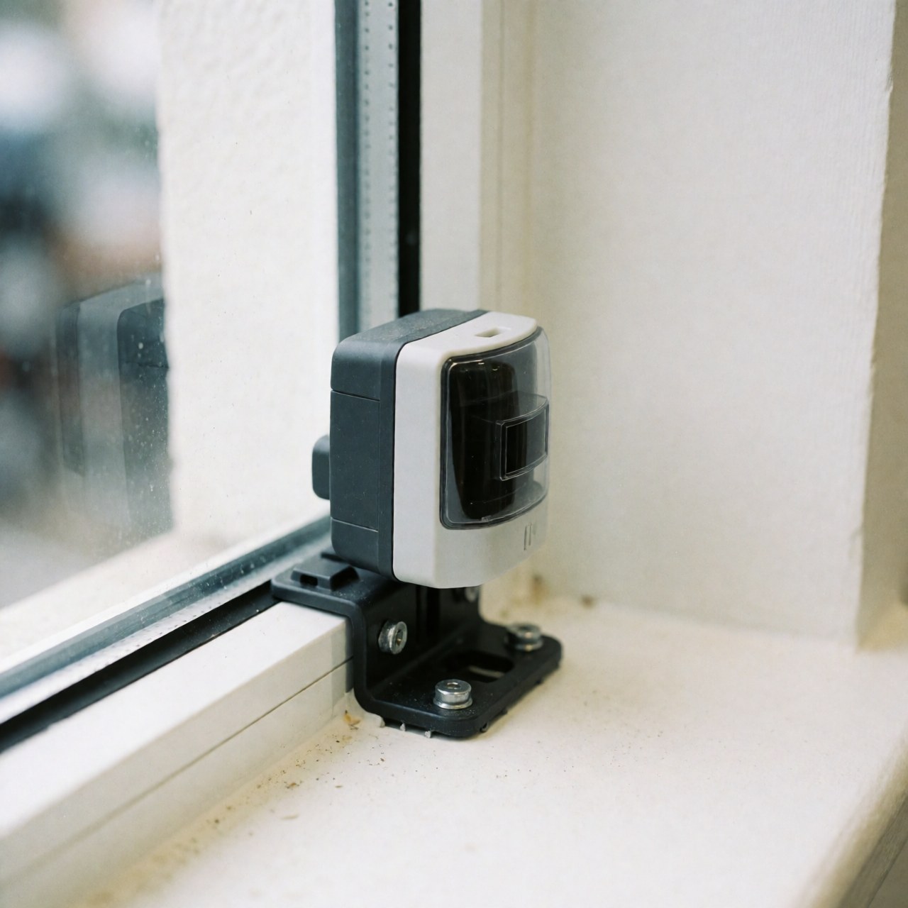 Black mounted glass break alarm sensor with gray casing installed on a window sill against a blurred glass background