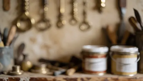 Workshop background featuring hanging bronze tools and filler cans in the foreground with soft warm lighting for furniture restoration projects