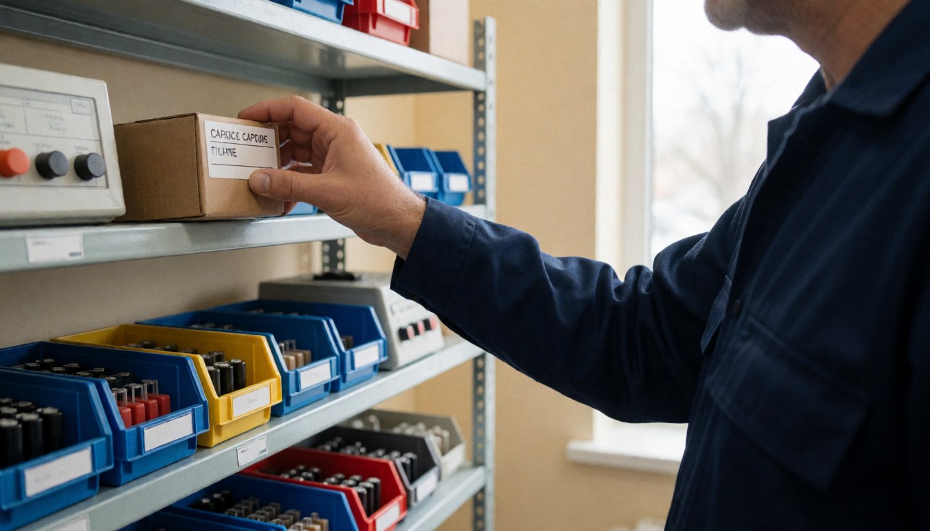 Technician holding a box of capacitors on a shelf in a workshop with tools and electronic components