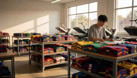 A young professional arranges stacked colorful t-shirts on metal tables in a textile printing studio with printing machines and natural window light in the background.
