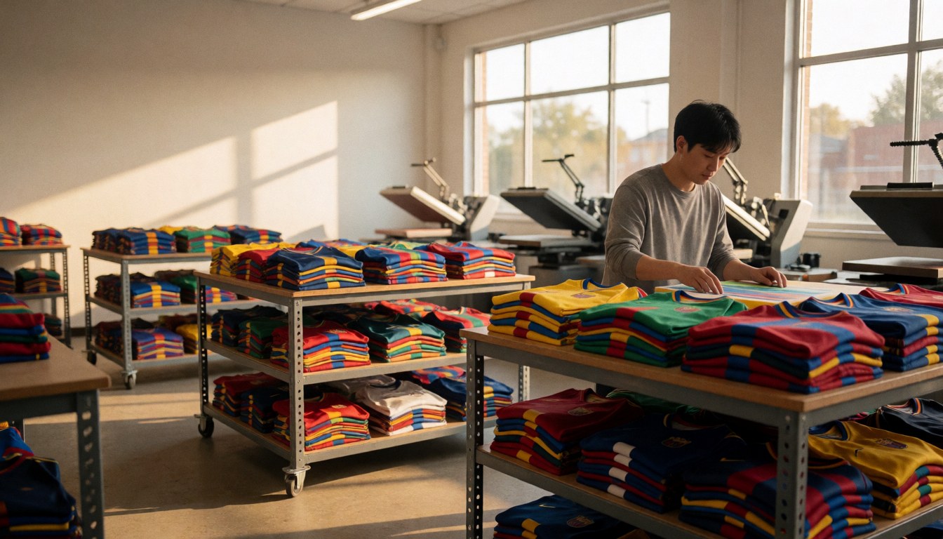 A young professional arranges stacked colorful t-shirts on metal tables in a textile printing studio with printing machines and natural window light in the background.