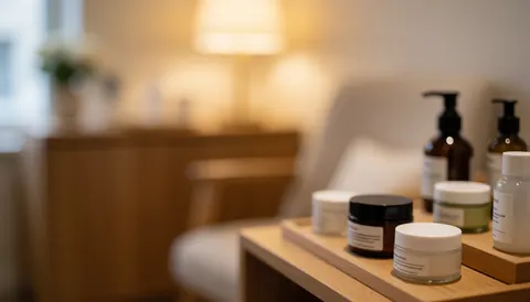 Blurred warm background of a beauty salon with facial care products in the foreground on a wooden table and chair in the background.