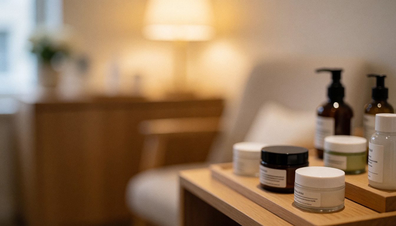 Blurred warm background of a beauty salon with facial care products in the foreground on a wooden table and chair in the background.