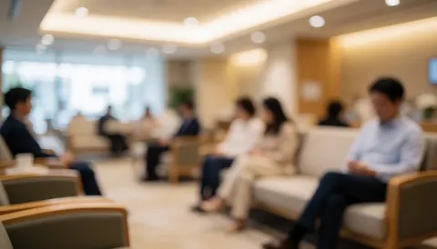 Blurred background of a waiting area featuring comfortable chairs and soft warm light, suitable for geriatric care and family support content.