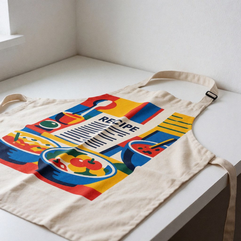 Beige cotton kitchen apron featuring a colorful recipe print, displayed on a white surface with natural lighting.